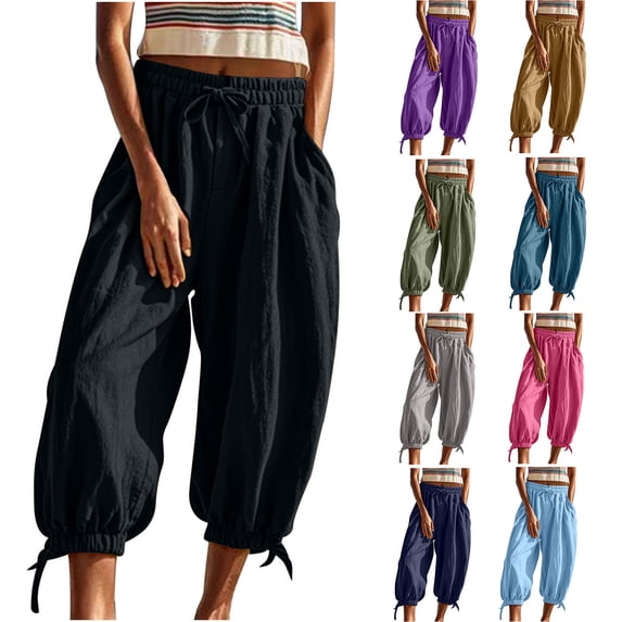 Sales Today, lcziwo Cotton Linen Harem Bloomers Pants for Women Solid Color Casual Cinch Bottom Cropped Sweatpants Drawstring Elastic Waist Beach Capris Pants Gray M
