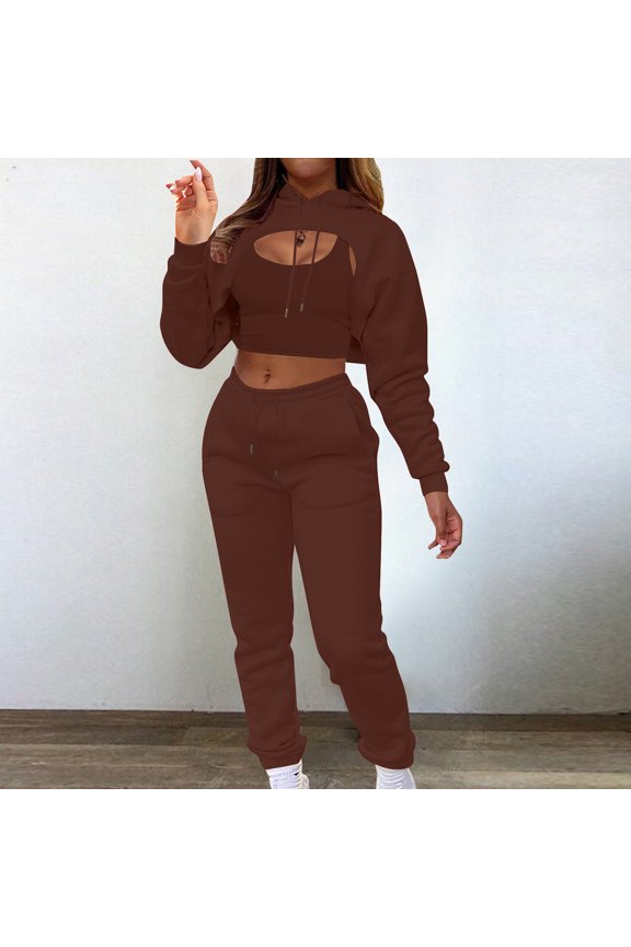 Womens Coats and Jackets Women's Solid Color Sling Vest Sweatshirt High Waist Pack Hip Straight with Pocket Pants Three-piece Suit