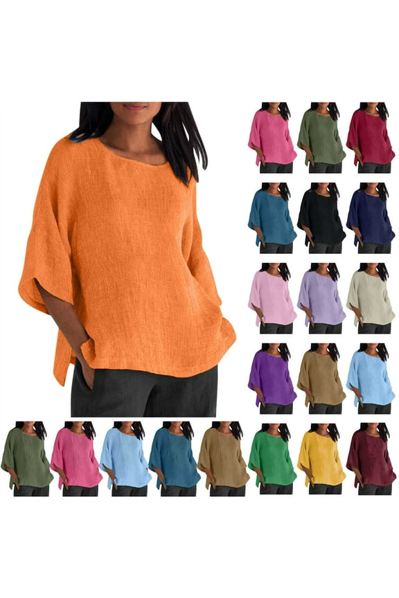 Sales of The Week! JURANMO Cotton Linen Shirts for Women Summer Casual Crewneck Pullover Tops Comfy Loose 3/4 Sleeve Blouse Beach Vacation Clothes Purple L