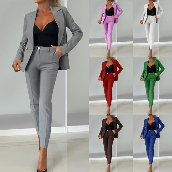 Sales of The Week! JURANMO Womens Two Piece Sets Work Office Dress Pants Suits Dressy Business Casual Outfits Double Breasted Blazer Jacket Formal Sets with Pockets Blue S