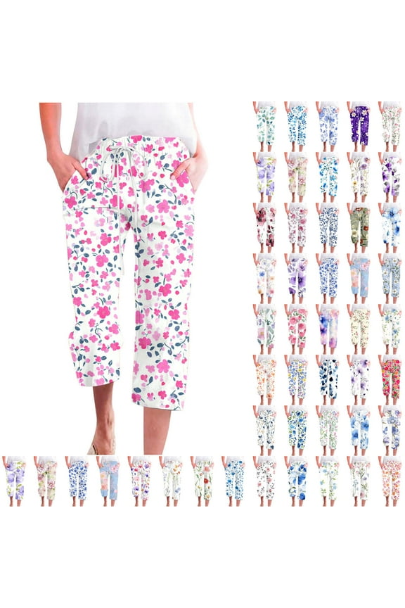 Sales of The Week QATAINLAV Women's Summer Boho Casual Capri Pants Elastic Waist Drawstring Pants Floral Print Cropped Trousers with Pocket Streetwear Vacation Outfits Multicolor M