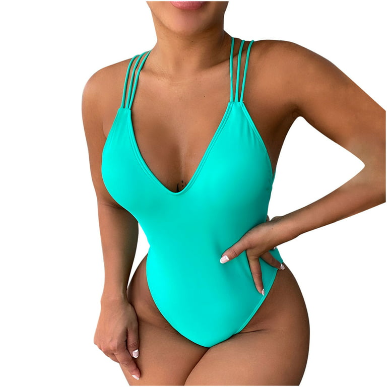 Sales Women's One Piece Bodysuit Solid Color Beachwear Criss Cross Bandage  Bathing Suit Summer Fashion Cozy Outfits for Girls Sexy Deep V-Neck  Swimwear Sets Female Leisure Green 6 