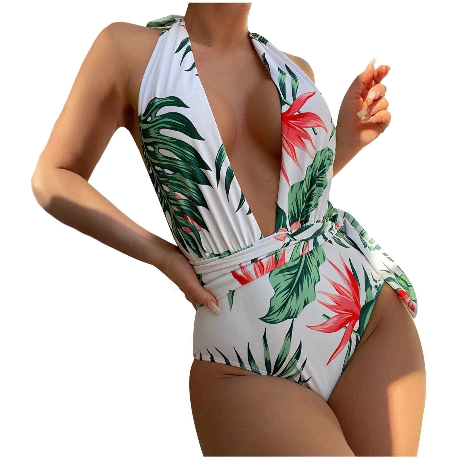 Sales Women's One Piece Bodysuit Strappy Belted Bow Bathing Suit Summer  Fashion Cozy Outfits for Girls Sexy Deep V-Neck Swimwear Sets Hawaiian