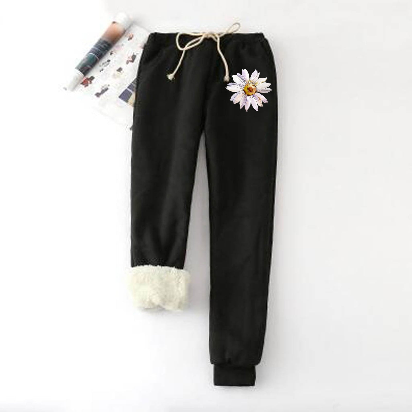 Sales! ZQGJB Women's Warm Sherpa Lined Sweatpants Cute Daisy Embroidery  High Waist Drawstring Athletic Jogger Pants Sherpa Fleece Lined Leggings  with Pockets(Black,XL) 