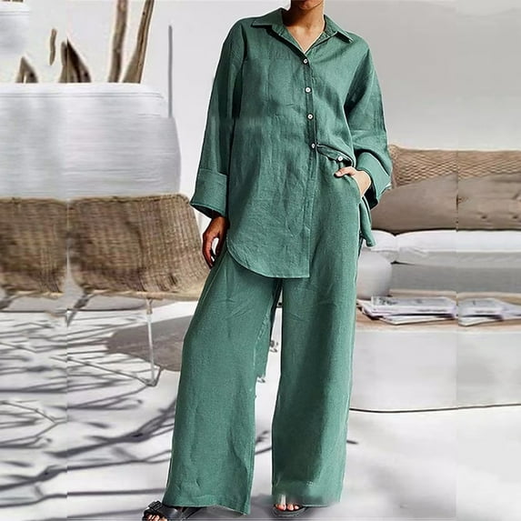Turilly Womens Coats and Jackets Women's Cotton Solid Button Long Sleeve Shirt Blouse and Pants Set with Pocket
