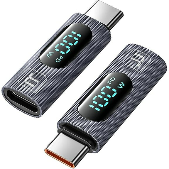 Salf USB C Adapter, 2-Pack 100W Female to Male Extension with Power Meter Tester & Digital Display for iPad Pro, iPhone 16/15 Pro Max, MacBook Pro, Laptop (Grey)