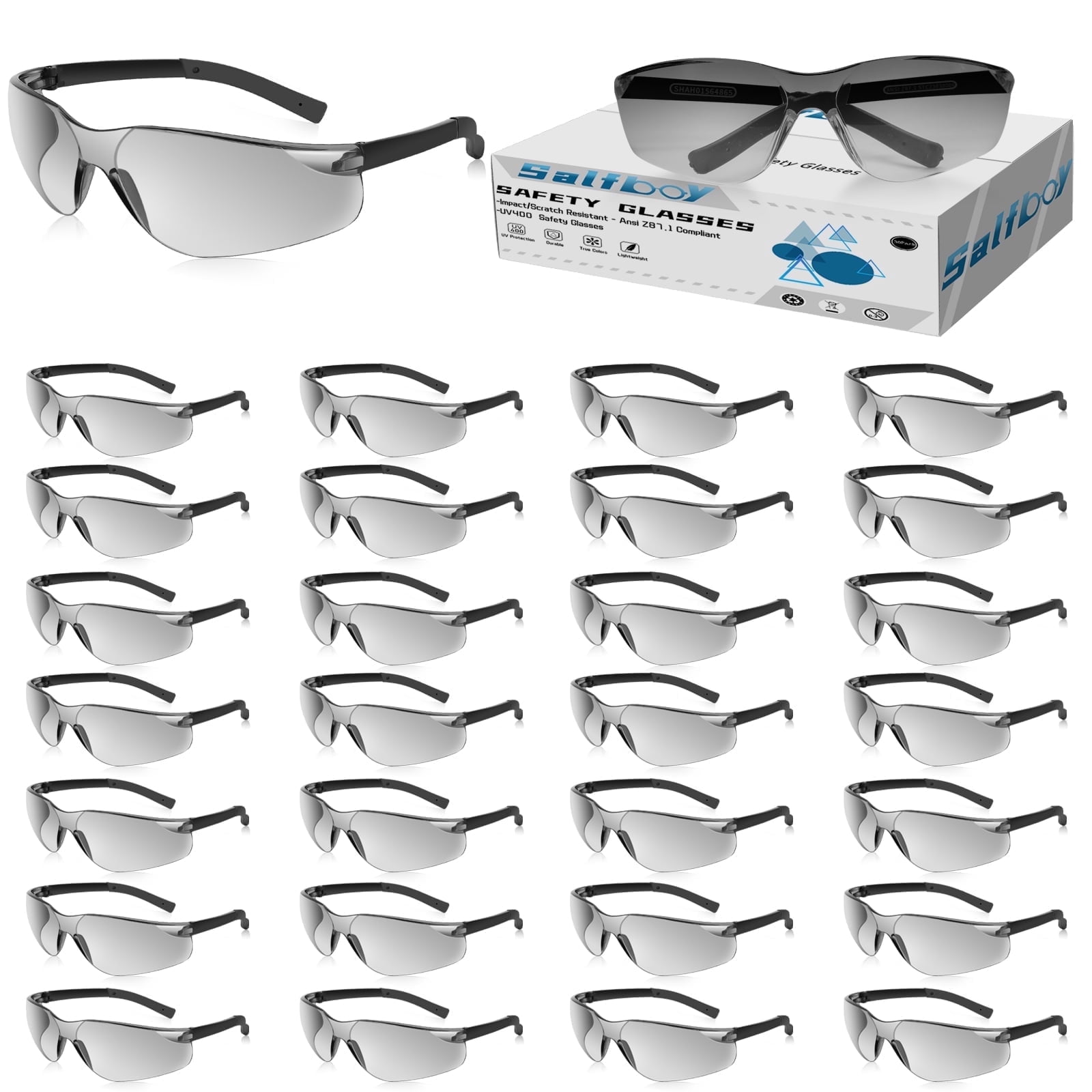 Salfboy 30 Packs Safety Glasses ANSI Z87.1 Safety Glasses Bulk with Scratch Resistant Glasses for Women Men Work Construction Science Lab Shooting