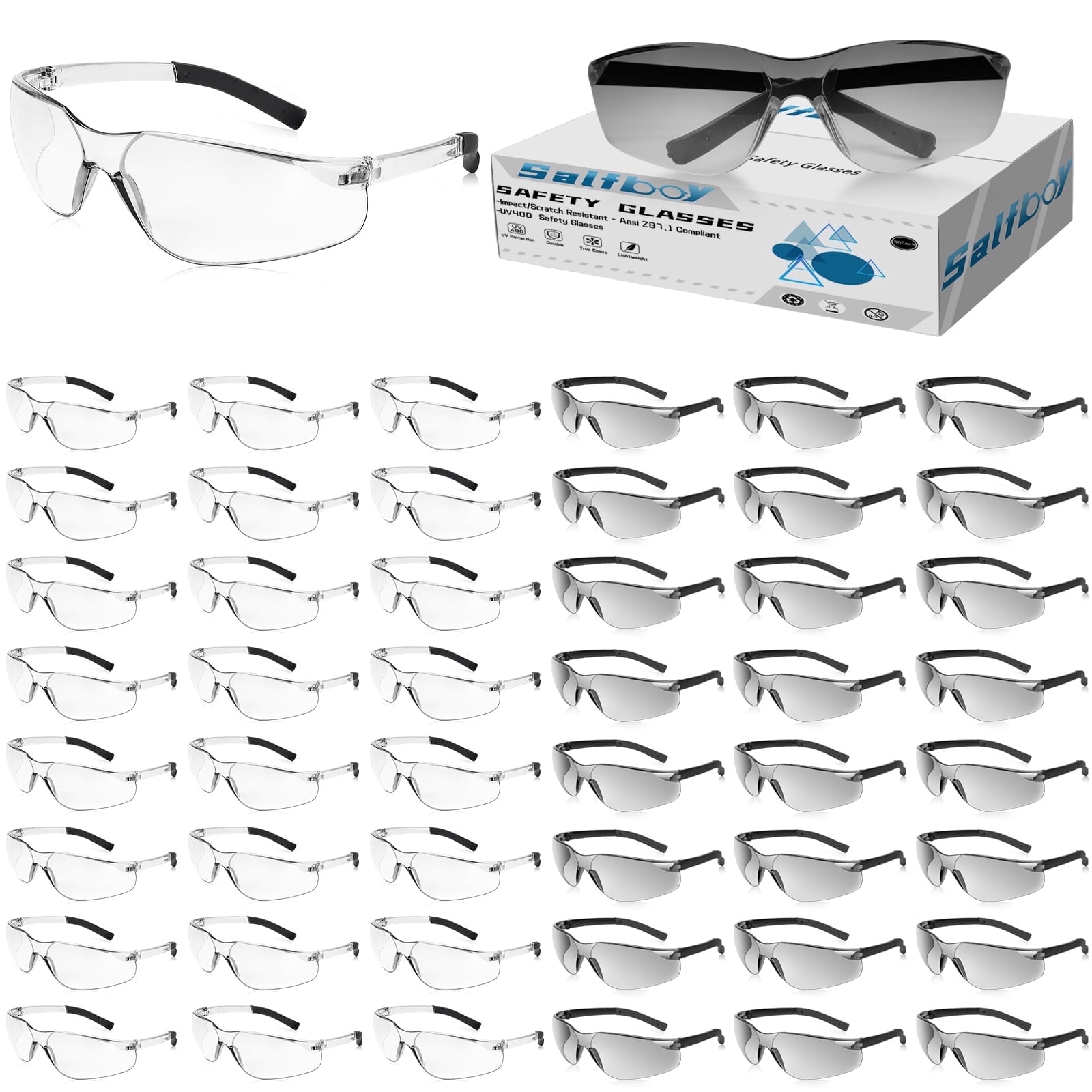 Salfboy 50 Packs Safety Glasses ANSI Z87.1 Safety Glasses Bulk with Scratch Resistant Glasses for Women Men Work Construction Science Lab Shooting