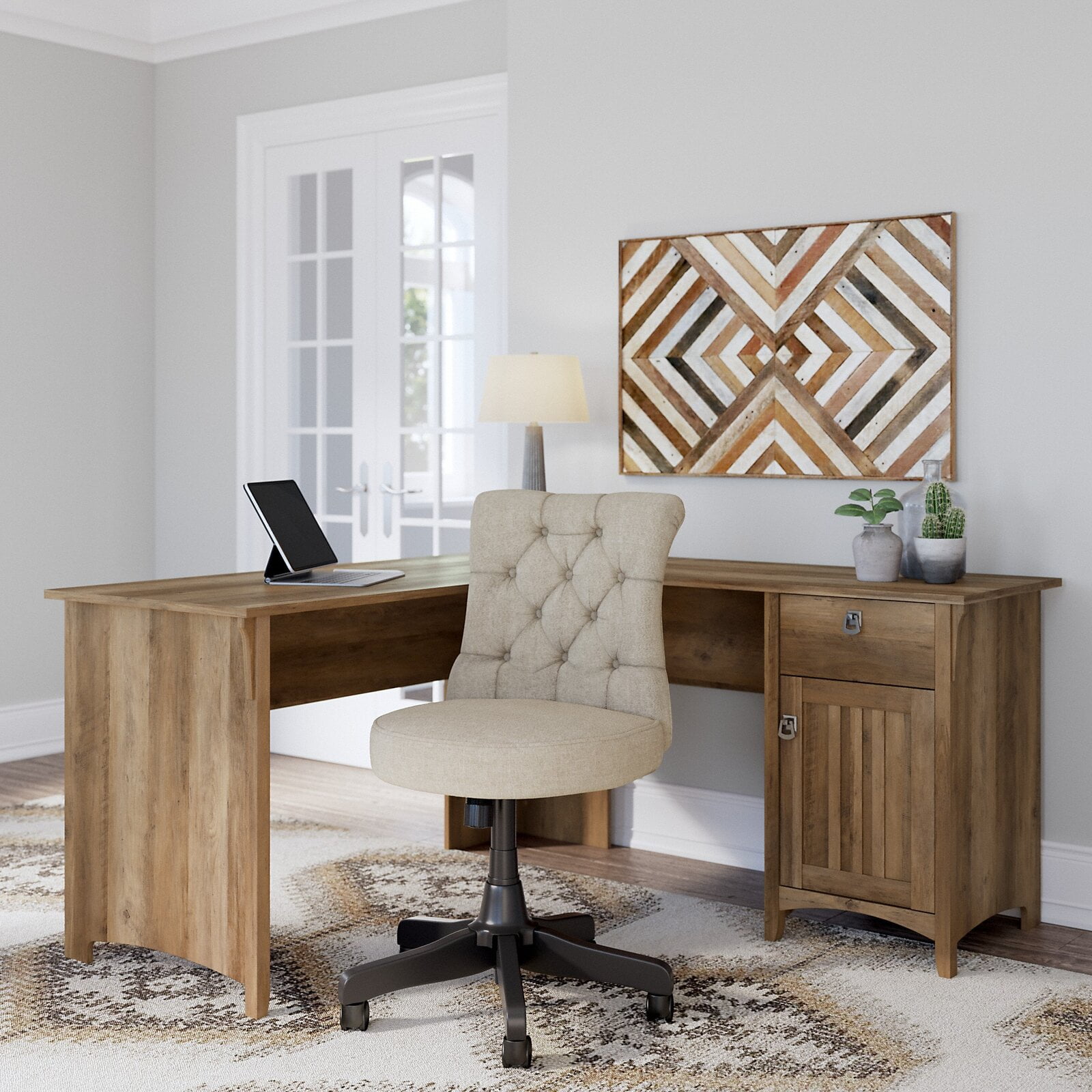 59.1 Modern Walnut Home Office Desk with Drawer Storage Pine Wood Desk