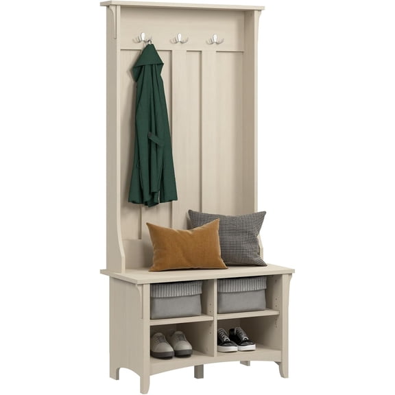 Salinas Hall Tree with Shoe Storage Bench in Antique White, Multi-Purpose Home Organizer, Entryway Solution with Seating and Hooks