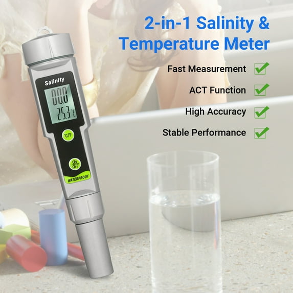 Salinity Salinometer Waterproof Salinity Test Pen 2-in-1 Salinity & Temperature Meter Portable Salinity Meter Salimeter Pen Type Salinograph 0~199.9ppt Range -50~70 Degrees Celsius