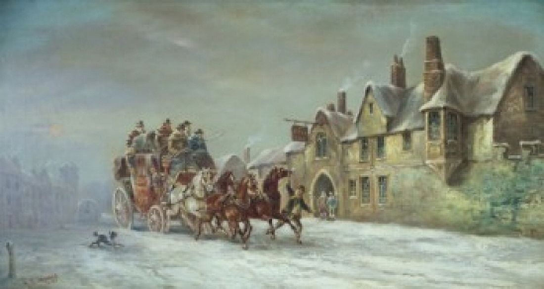 Salisbury in Winter Coach Arrives at the Star Inn John Charles Maggs (1819-1895British) Canvas Art - John Charles Maggs (24 x 36)