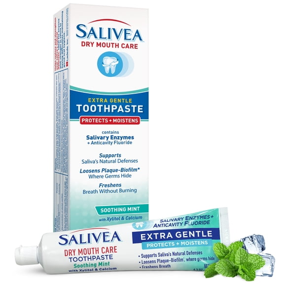 SALIVEA Gentle Toothpaste for Dry Mouth Care, 4.3 oz Tube, Anticavity with Fluoride, Natural Salivary Enzymes, Vitamin E & Aloe Vera, Cleans, Moisturizes & Refreshes Breath, Soothing Mint Flavor