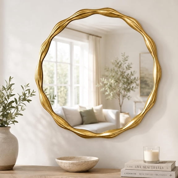 Saliwa 27" Round Wall Mirror, Gold Wood Frame, Decorative Circle Mirror for Bathroom, Bedroom, Living Room and Entryway