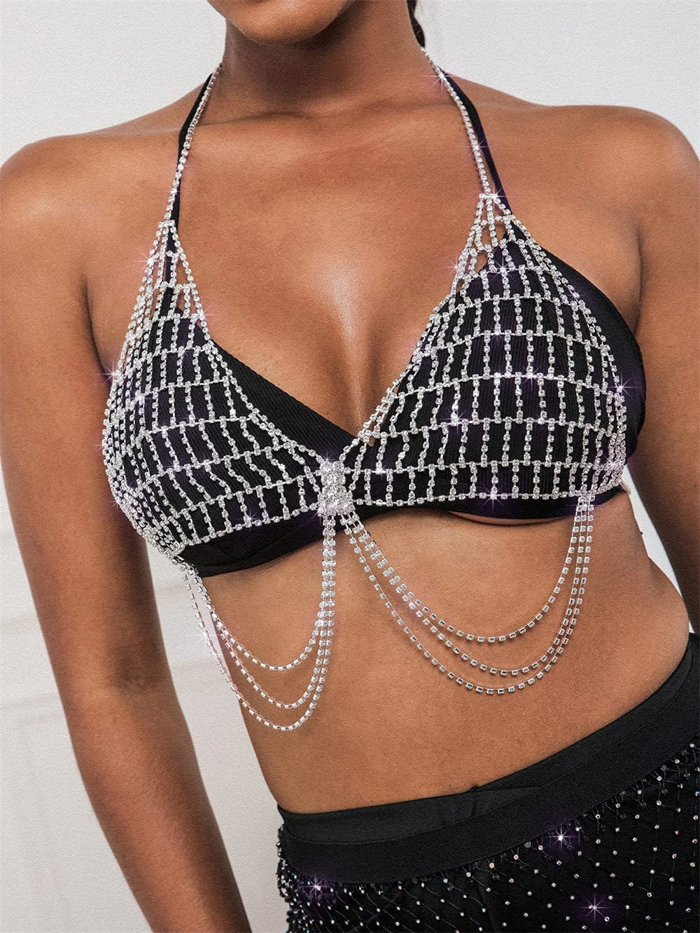 Salliy Boho Body Chain Bra Silver Sexy Rhinestone Bikini Bra Body