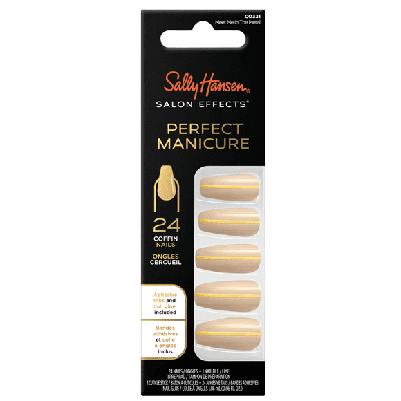 Sally Hansen Perfect Manicure Press on Nail Kit, Coffin, Meet Me in the Metal, 24pcs