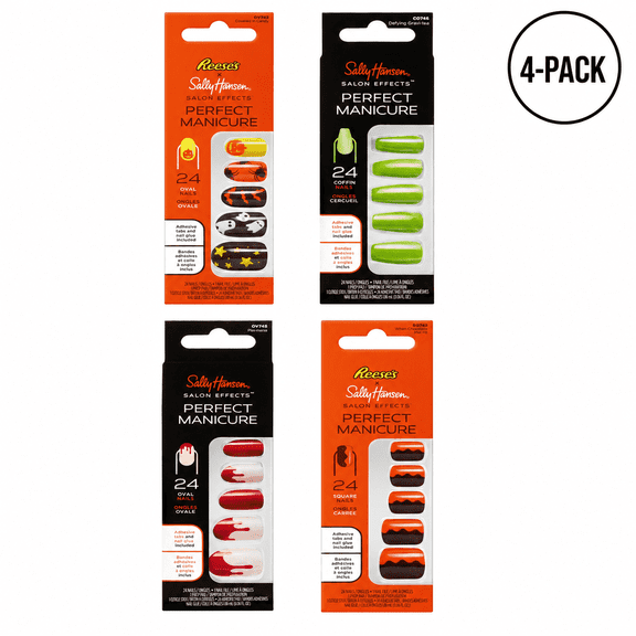 Sally Hansen Salon Effects Perfect Manicure Press-On Nails Oval and Coffin with Adhesive Tabs and Nail Glue, Assorted Designs, 24 Pieces (4 Pack)