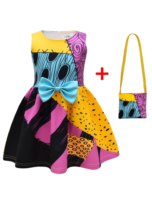Sally Costume Dress with Matching Crossbody Bag, Sleeveless Patchwork Tutu Dress for Halloween Christmas Holiday Party Cosplay