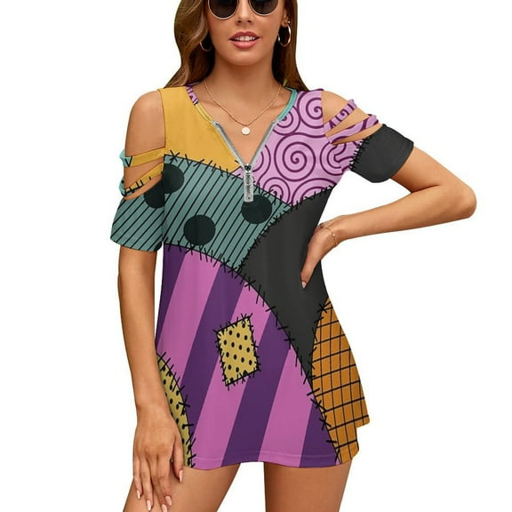 Sally Ragdoll Womens Summer V Neck Zipper Top Short Sleeve T Shirt Off Shoulder Top Casual Classy Loose Shirts