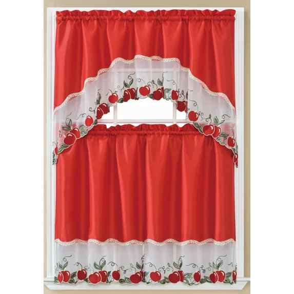 Sally Textile Inc Red Embroidered Sheer Kitchen Curtains, 60 x 36 In (2 Panels)