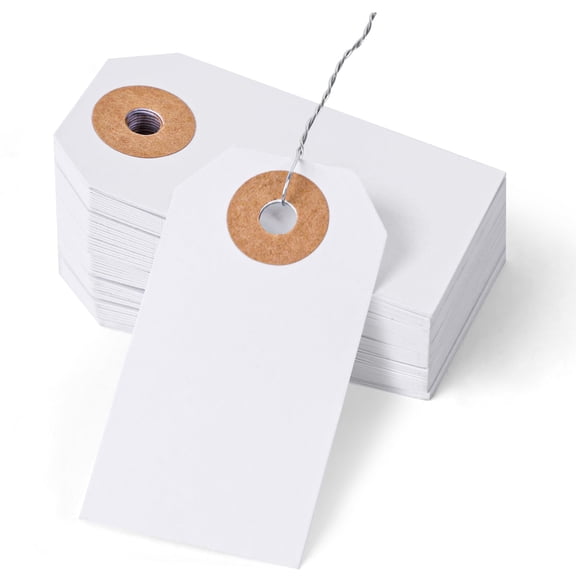 SallyFashion Blank Pricing Tags with Wire, 100 PCS Manila Shipping Tags 2 3/4" x 1 3/8", Blank Wire Labels for Garage Sales, Inventory Machinery, Vintage Clothing, Jewelry Pricing, White