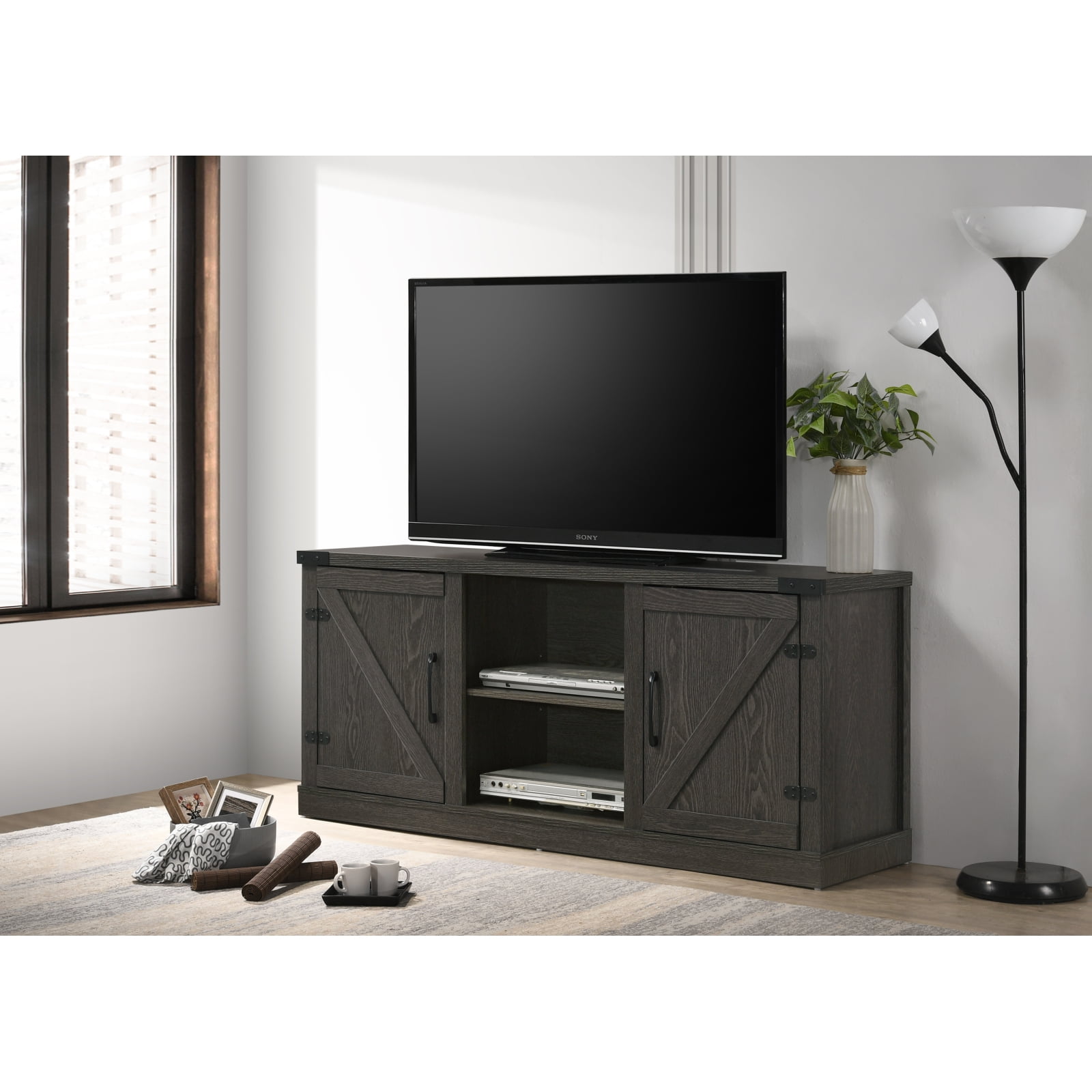 Salma Dark Gray TV Stand, 58inch Wide, Features 2 Open Shelves and 2