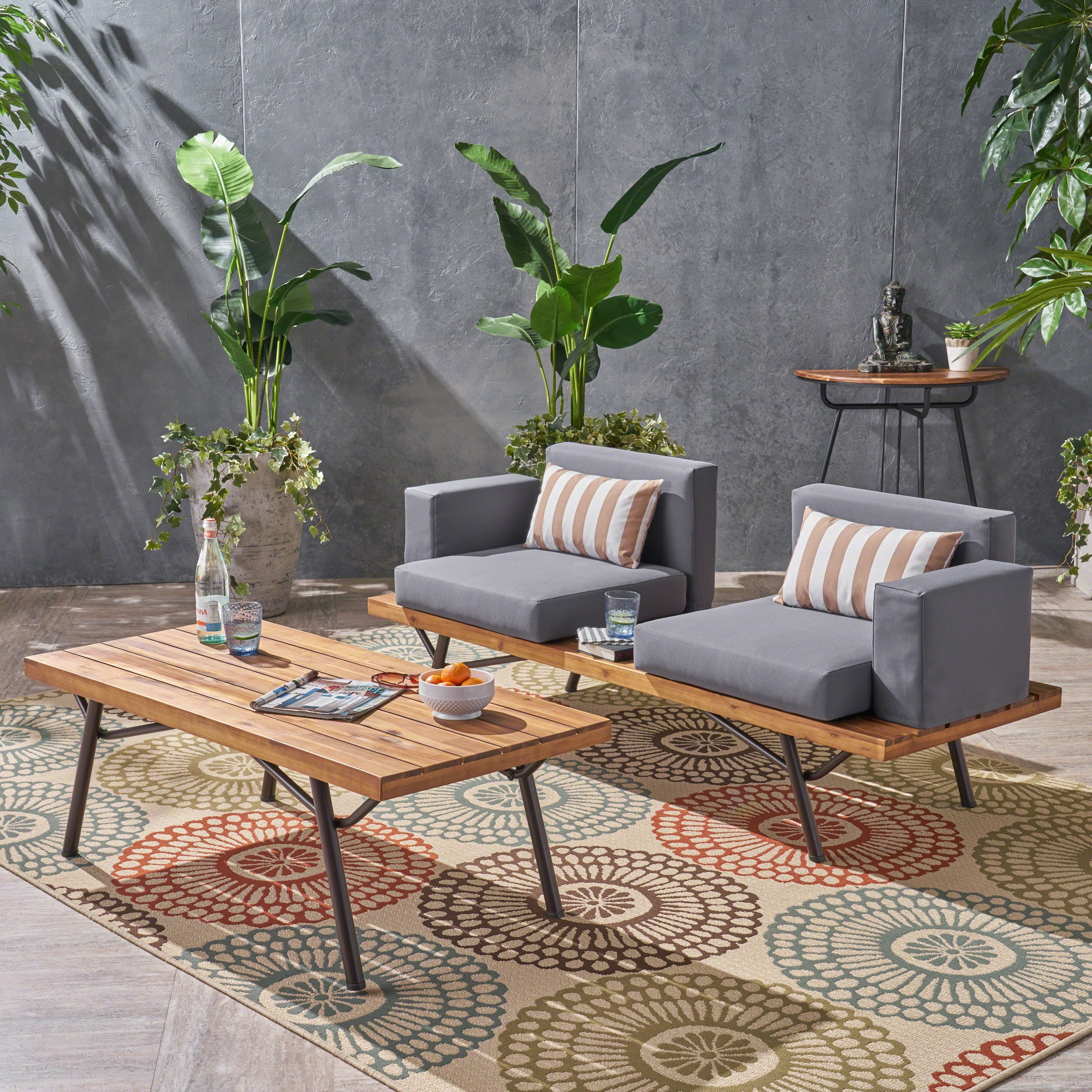Salma Outdoor Acacia Wood Chat Set, Teak, Dark Gray