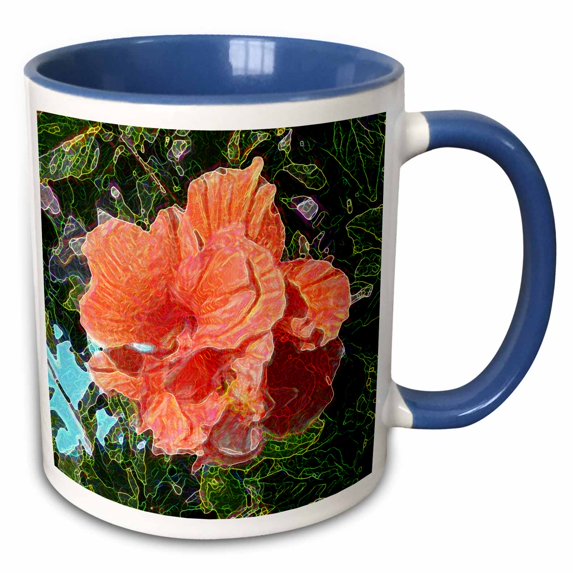 3drose, Salmon Colored Hibiscus Abstract Sparkle, 11oz Two-tone Blue Mug