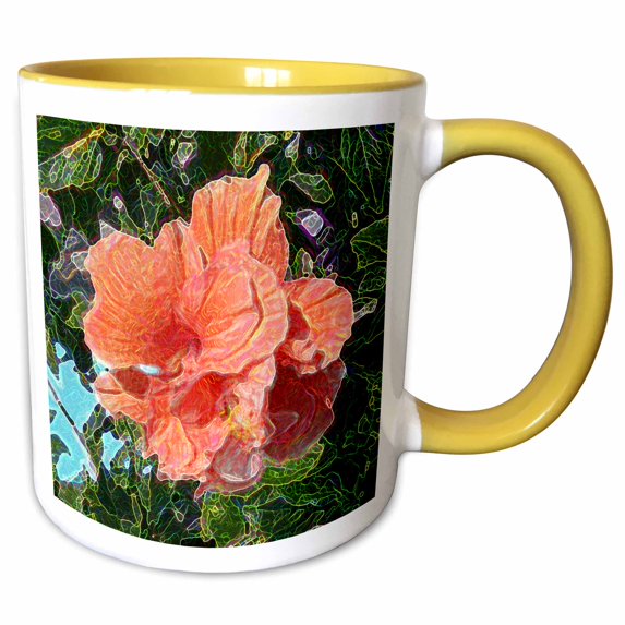 3drose, Salmon Colored Hibiscus Abstract Sparkle, 11oz Two-tone Yellow Mug
