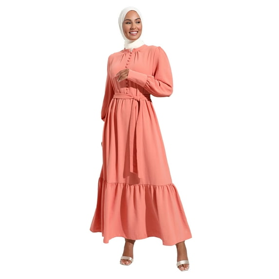 Salmon - Crew neck - Unlined - Modest Dress - Refka