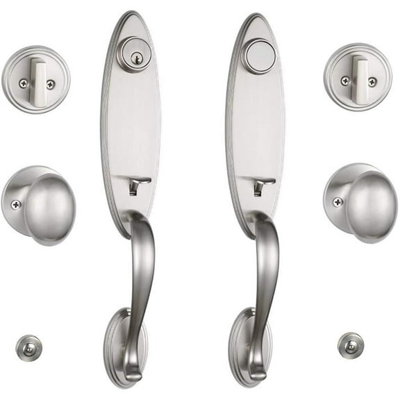 Salmon Double Door Handleset Side Door and Back Door Exterior Full Escutcheon Lockset – Satin Nickel Finish