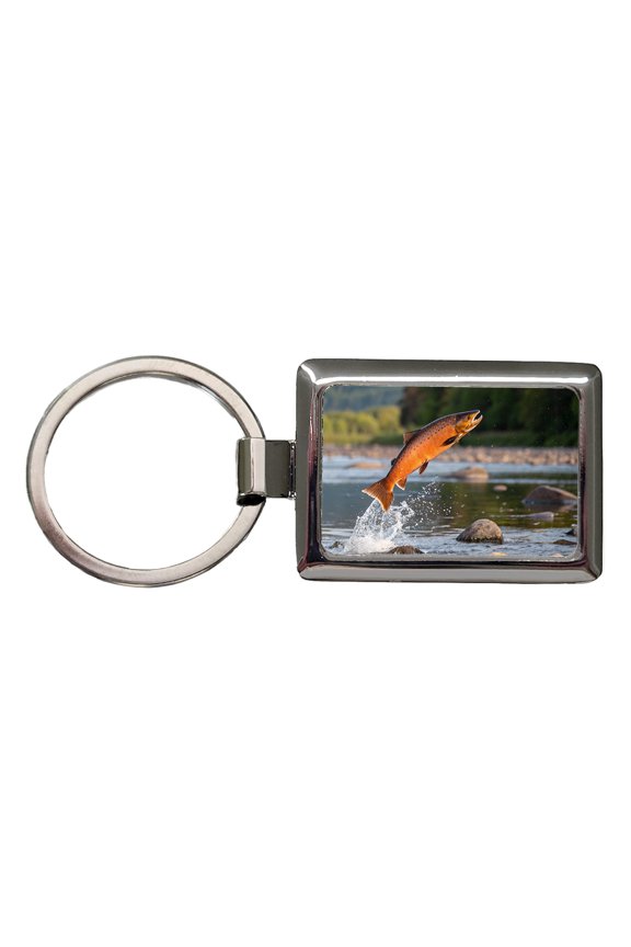 Salmon Fish Jumping River Fishing Metal Rectangle Keychain