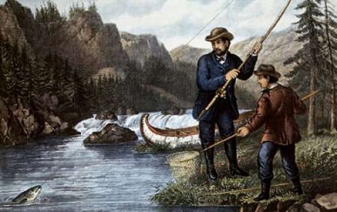 Salmon Fishing Canvas Art - Currier and Ives (12 x 18)