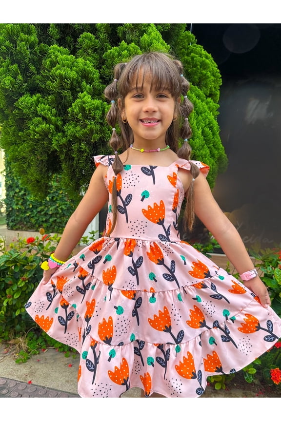 Salmon Floral Dress for Girls, Ages 4-8 Charming Floral Design, Comfortable and Stylish, Perfect for All Occasions