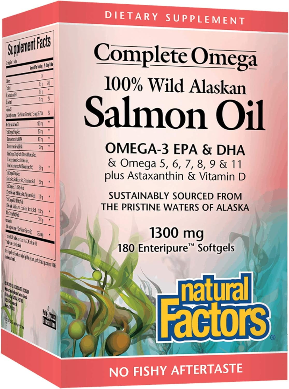 Natural Factors Wild Alaskan Salmon Oil Provides Omega-3, EPA, DHA & Vitamin D, Supports Brain & Heart Health, 180 Softgels