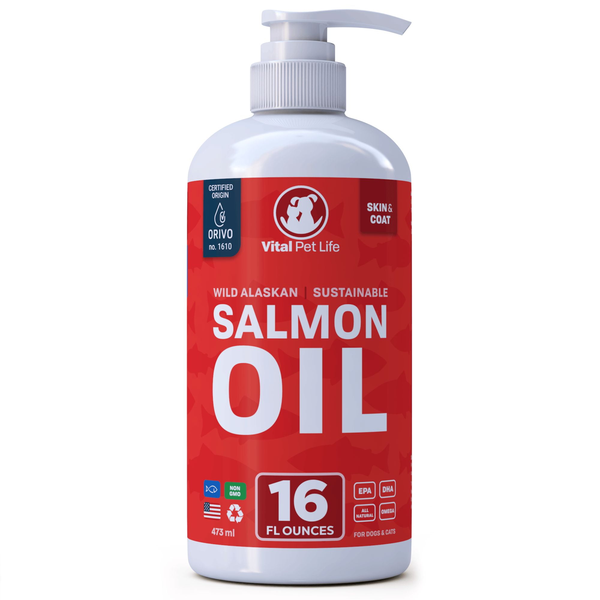 Salmon Oil for Dogs & Cats - Healthy Skin & Coat, Fish Oil, Omega 3 EPA DHA, Liquid Food Supplement for Pets, All Natural, Supports Joint & Bone Health, Natural Allergy & Inflammation Defense, 16 oz