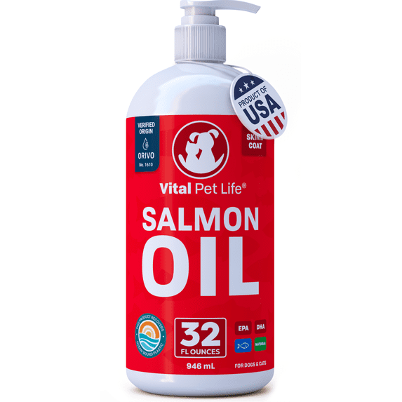 Vital Pet Life Salmon Oil for Dogs & Cats, Skin & Coat & Joint Support, Omega-3 Fish Oil, Value Size 32 oz