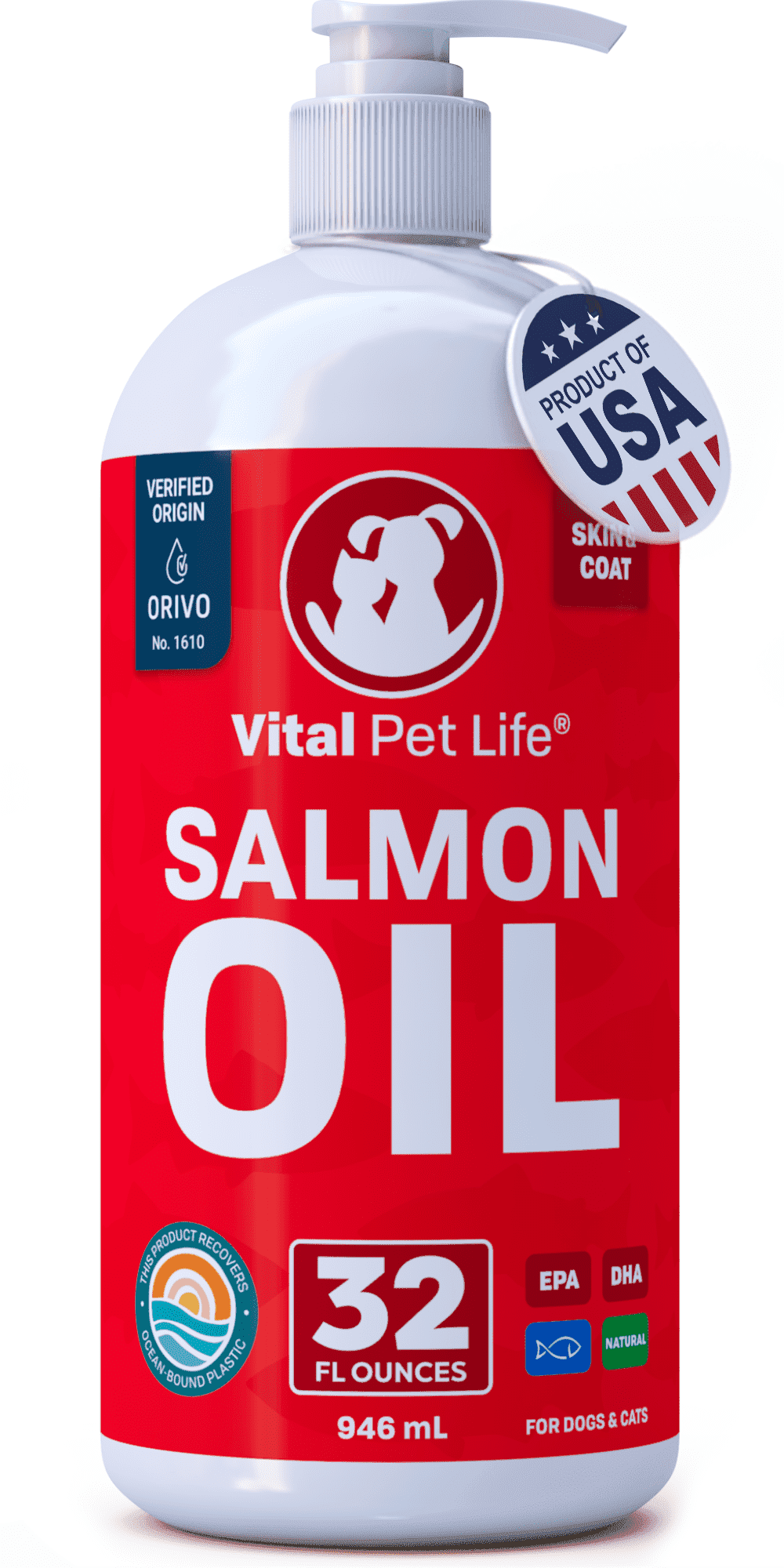 Vital Pet Life Salmon Oil for Dogs & Cats - Healthy Skin & Coat, Omega 3 EPA DHA, Supports Joint Health, 32 oz