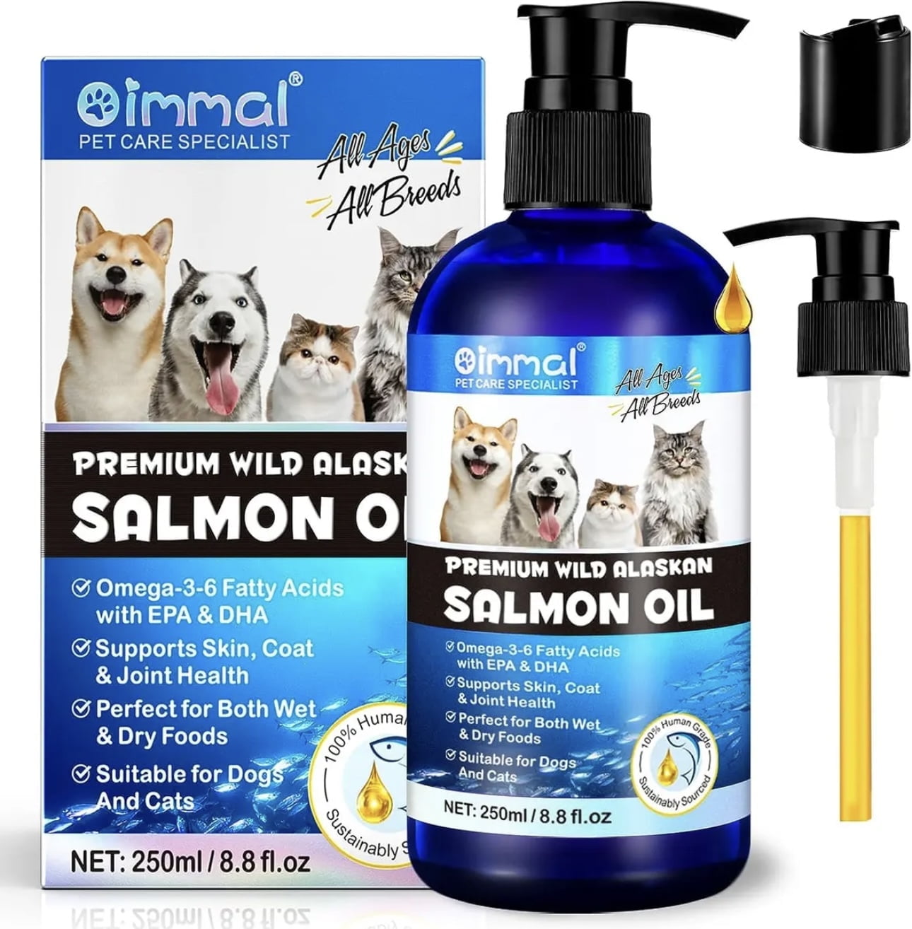 Salmon Oil for Dogs & Cats, Omega 3 Fish Oil for Dog's Skin and Coat, Natural EPA + DHA Fatty Acids for Joint Function, Immune & Heart Health, Wild Alaskan Salmon Oil 250ml for All Ages & All Breeds.