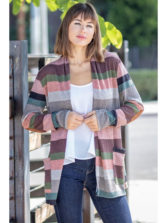 Salmon Olive Stripe Elbow Patch Cardigan with Pockets