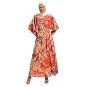 Salmon - Orange - Floral - Crew neck - Fully Lined - Modest Dress - Refka