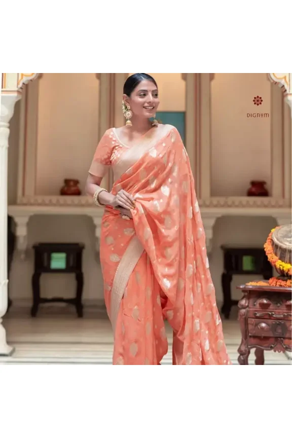 Salmon Peach Woven Banarasi Georgette Saree