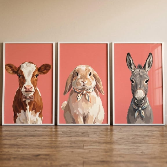 Salmon Pink Farm Animal Wall Art Set of 3 Cow Floppy Ear Bunny Donkey Art Whimsical Farmhouse Prints Animal Illustration Nursery Decor Set 3