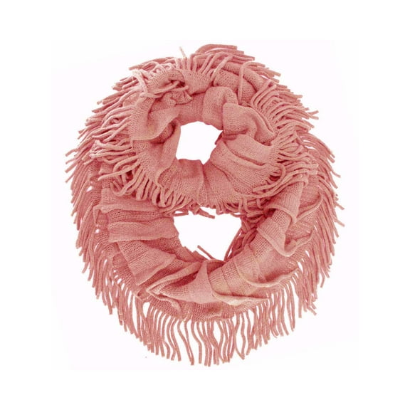Salmon Pink Soft Knit Ruffle Loop Scarf With Fringe