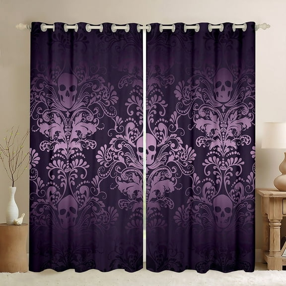 Salmon Violet Damask Curtains & Drapes Antique Victorian Baroque Blackout Curtains,Vintage Floral Window Curtains Exotic Sugar Skull Gothic Bone Skeleton Bohemian Decor,Dark Purple