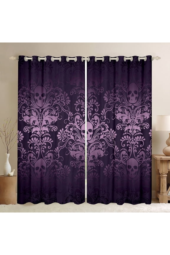 Salmon Violet Damask Curtains & Drapes Antique Victorian Baroque Blackout Curtains,Vintage Floral Window Curtains Exotic Sugar Skull Gothic Bone Skeleton Bohemian Decor,Dark Purple