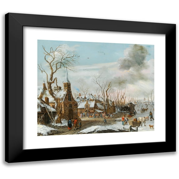 Salomon Rombouts 14x12 Black Modern Framed Museum Art Print Titled - A Winter Landscape with a Market Scene