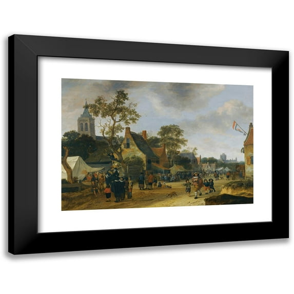 Salomon Rombouts 24x18 Black Modern Framed Museum Art Print Titled - A Village Kermesse with Numerous Figures and Market Stalls