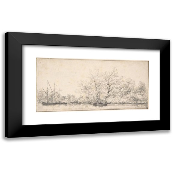 Salomon van Ruysdael 14x9 Black Modern Framed Museum Art Print Titled - River Scene with Boats Before a Densely Wooded Bank (17th Century)