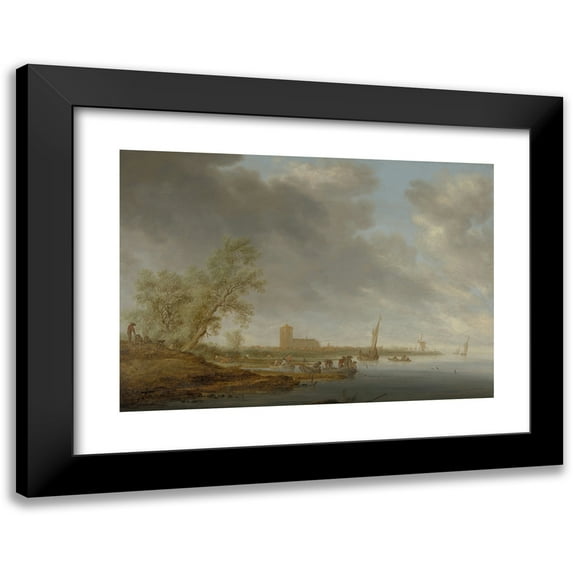 Salomon van Ruysdael 18x14 Black Modern Framed Museum Art Print Titled - River Landscape with a View of Naarden (1642)